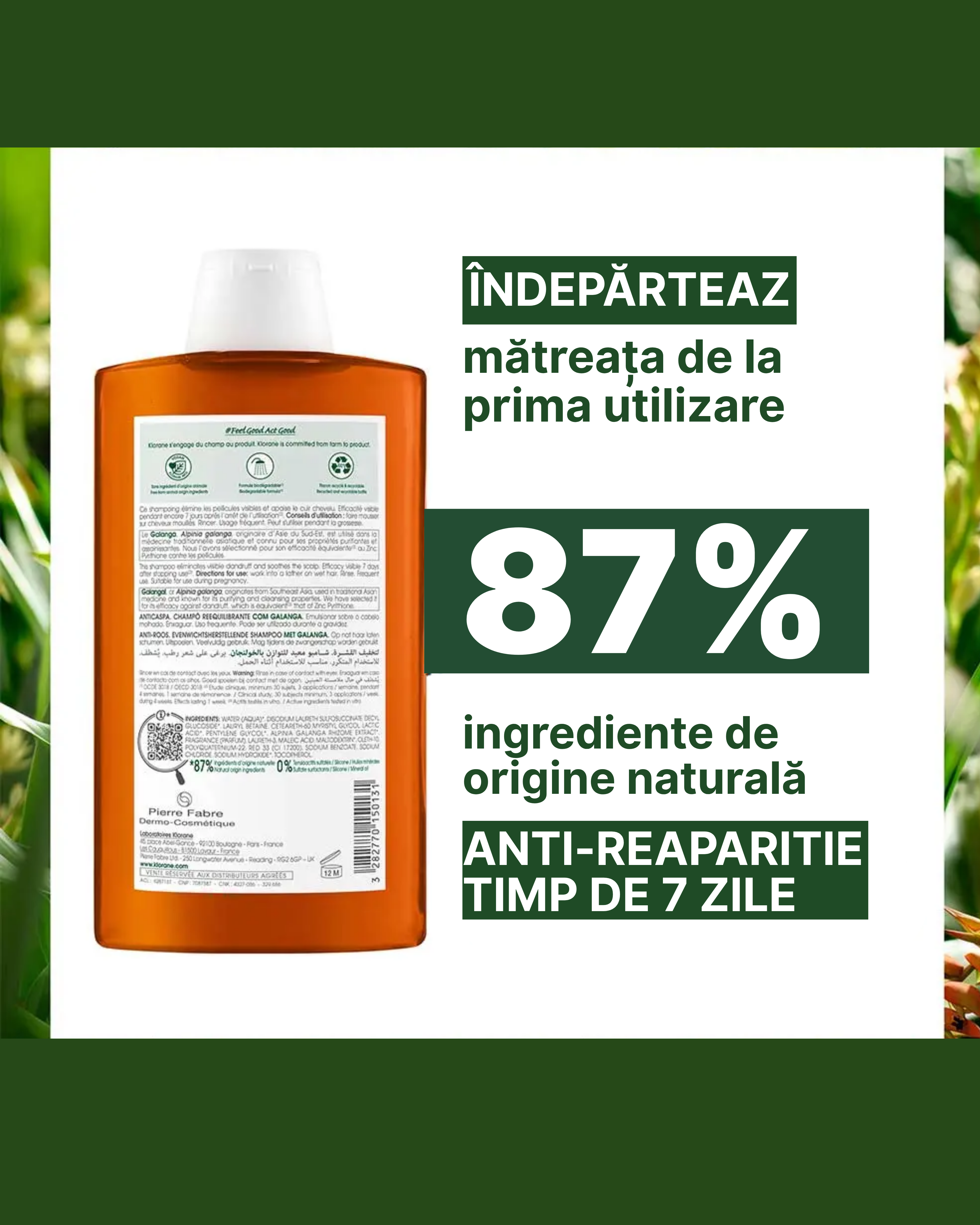 Klorane Galanga Shampoo – Șampon reechilibrant anti-mătreață cu galanga, 400 ml