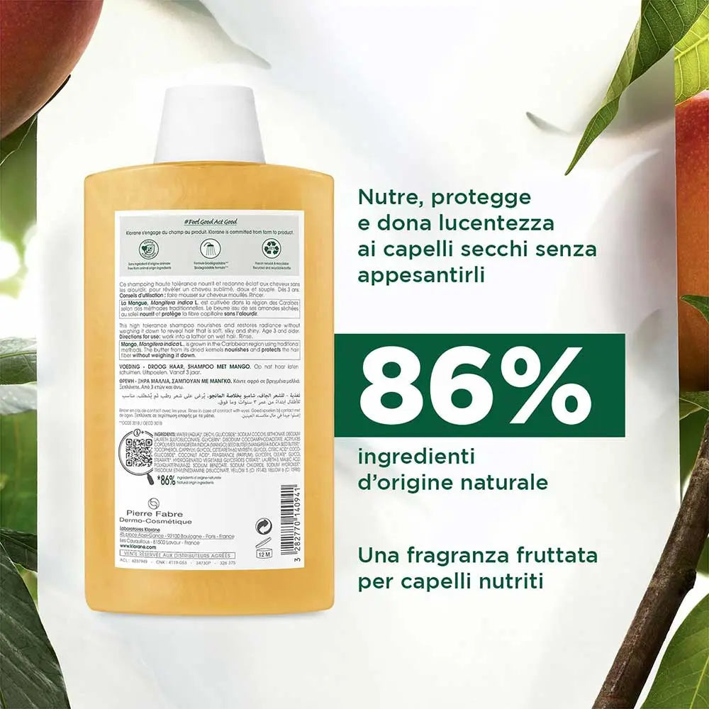 Klorane Șampon cu Mango BIO – pentru păr uscat și foarte uscat, 400 ml