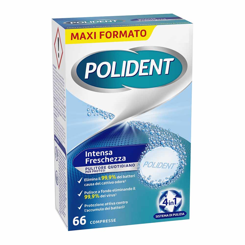 POLIDENT Prospețime Intensă Tablete de Curățare pentru Proteze Dentare 4 în 1, 66 tablete