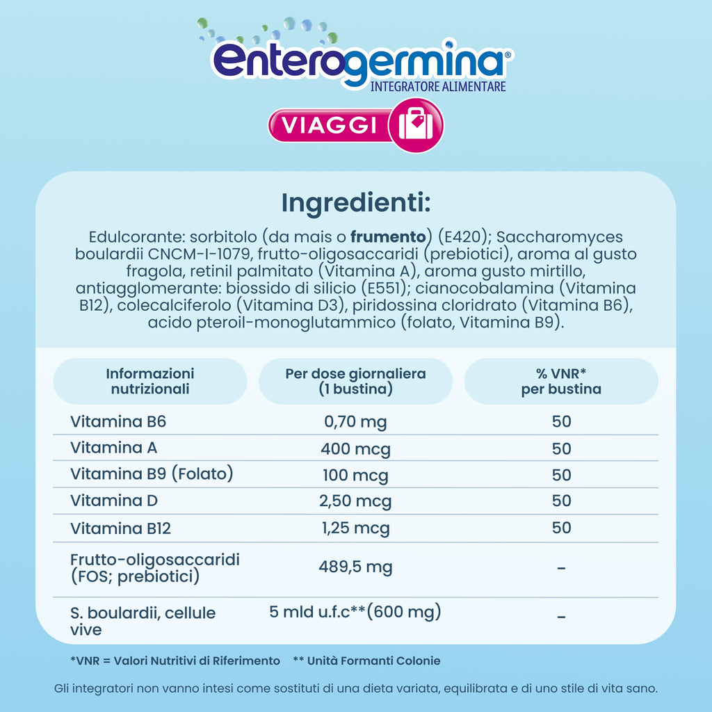 ENTEROGERMINA Viaggi Supliment alimentar cu S. boulardii și vitamine, 12 plicuri