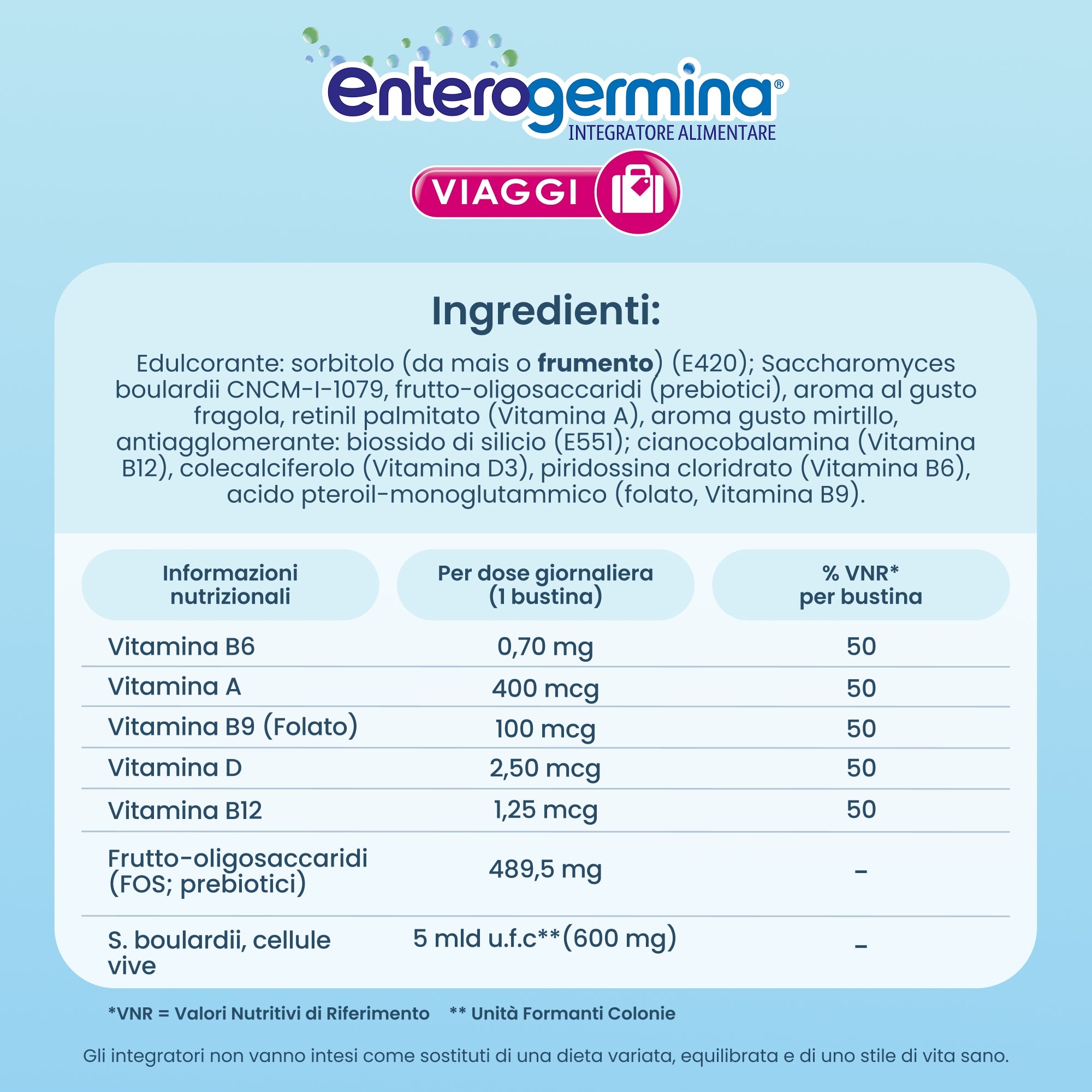 ENTEROGERMINA Viaggi Supliment alimentar cu S. boulardii și vitamine, 12 plicuri