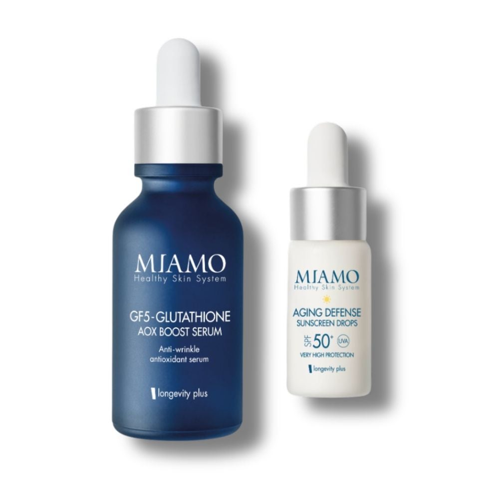 MIAMO protocol AntiOx Anti-Age & Protect GF5-Glutathione Aox Booster Serum 30ml + Aging Defense Sunscreen Drops SPF 50+ 10ml