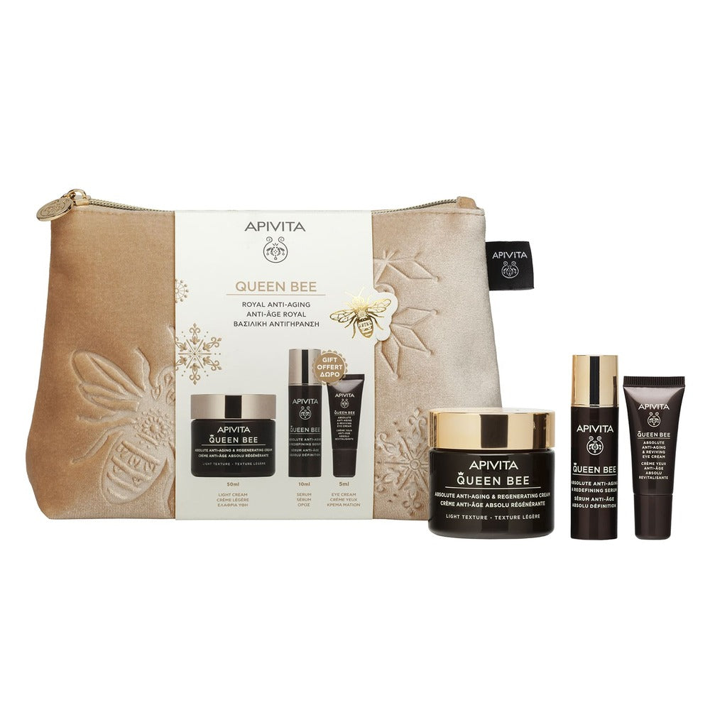 APIVITA Set cadou Queen Bee cu Cremă facială antirid cu textură lejeră 50ml + Mini ser anti-age și redensifiant 10ml + Mini cremă anti-age și revitalizantă pentru conturul ochilor 5ml