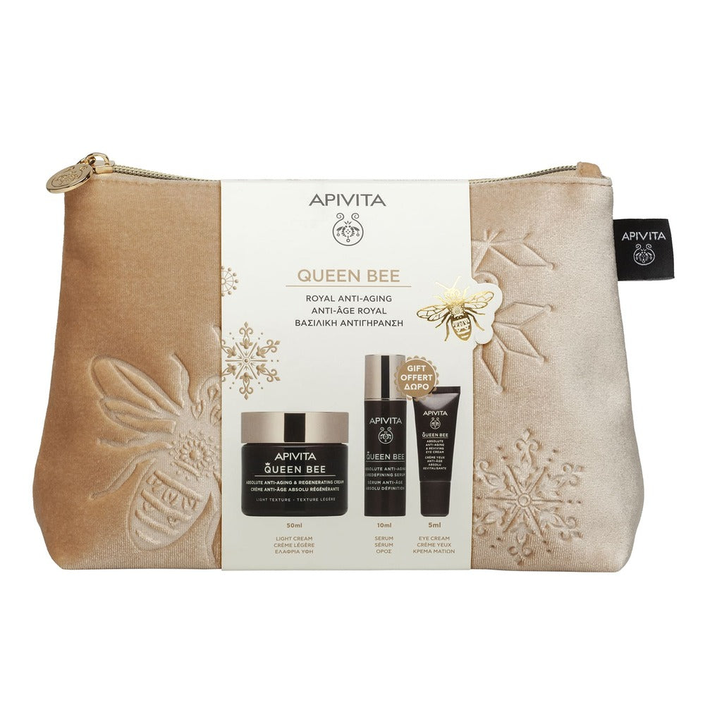 APIVITA Set cadou Queen Bee cu Cremă facială antirid cu textură lejeră 50ml + Mini ser anti-age și redensifiant 10ml + Mini cremă anti-age și revitalizantă pentru conturul ochilor 5ml