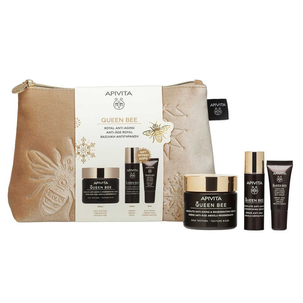 APIVITA Set cadou Queen Bee cu Cremă facială antirid cu textură bogată 50ml + Mini ser anti-age și redensifiant 10ml + Mini cremă anti-age și revitalizantă pentru conturul ochilor 5ml