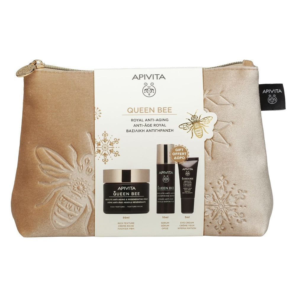 APIVITA Set cadou Queen Bee cu Cremă facială antirid cu textură bogată 50ml + Mini ser anti-age și redensifiant 10ml + Mini cremă anti-age și revitalizantă pentru conturul ochilor 5ml