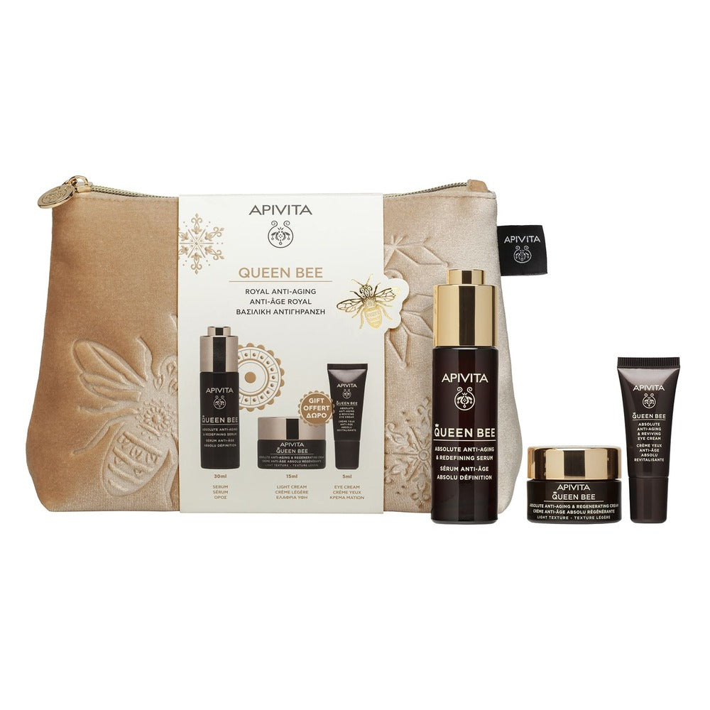 APIVITA Set cadou Queen cu Ser anti-age intensiv și fermizant 30ml + Mini cremă facială cu textură lejeră 15ml + Mini cremă anti-age și revitalizantă pentru conturul ochilor 5ml