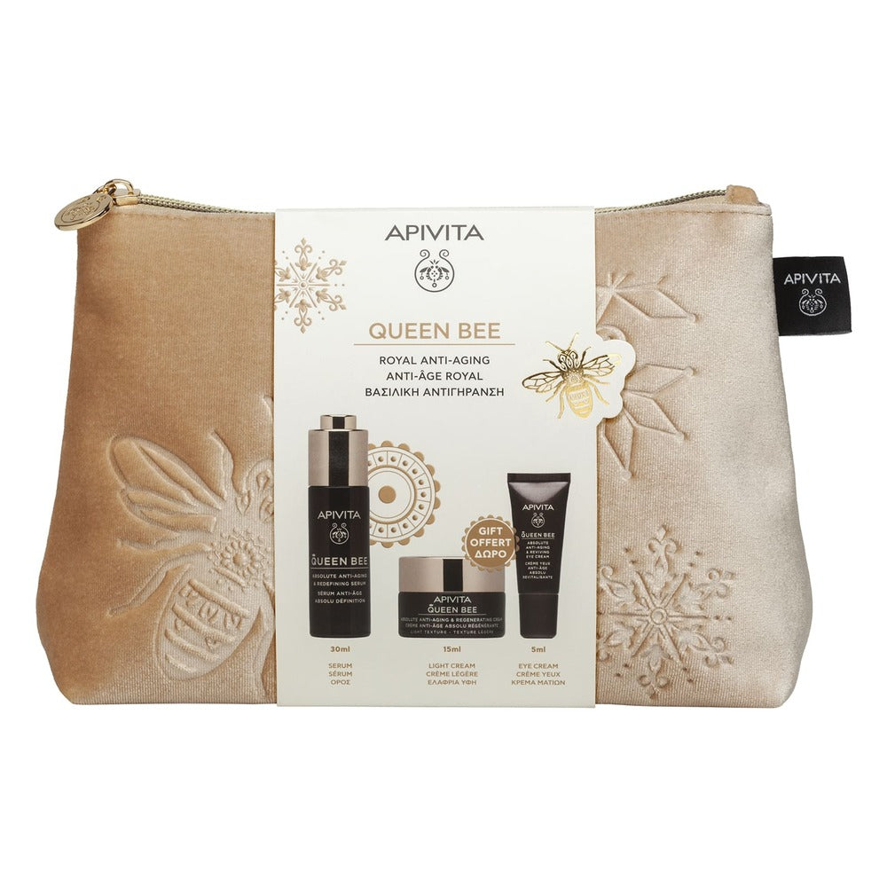 APIVITA Set cadou Queen cu Ser anti-age intensiv și fermizant 30ml + Mini cremă facială cu textură lejeră 15ml + Mini cremă anti-age și revitalizantă pentru conturul ochilor 5ml