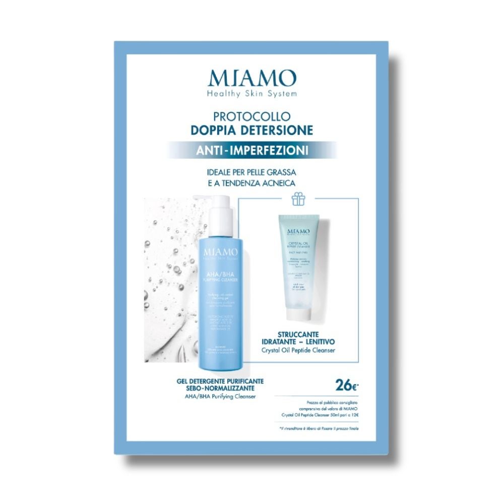 MIAMO protocol dublă Detersione Anti-Imperfezioni AHA/BHA Purifying Cleanser 250ml + Crystal Oil Peptide Cleanser 50ml