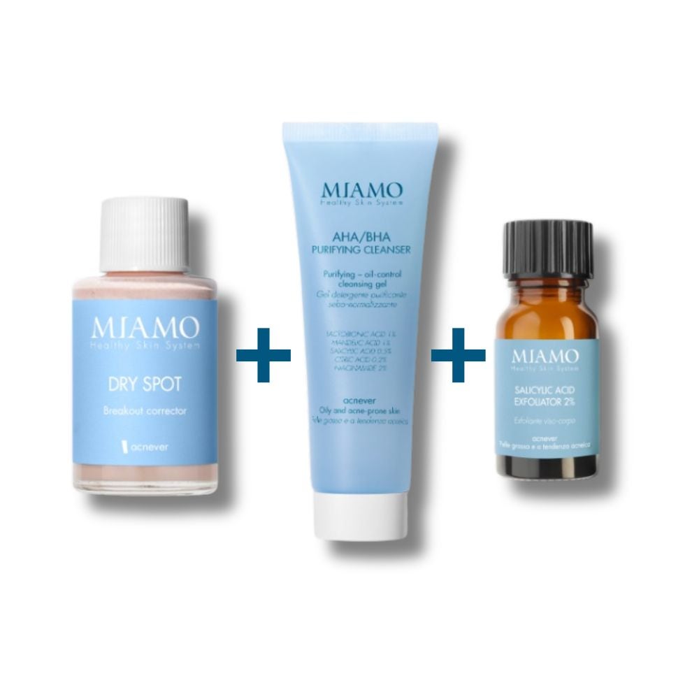 MIAMO protocol Essenziale SOS Brufoli Dry Spot 30ml + AHA/BHA Purifying Cleanser 50ml + Salicylic Acid Exfoliator 10ml