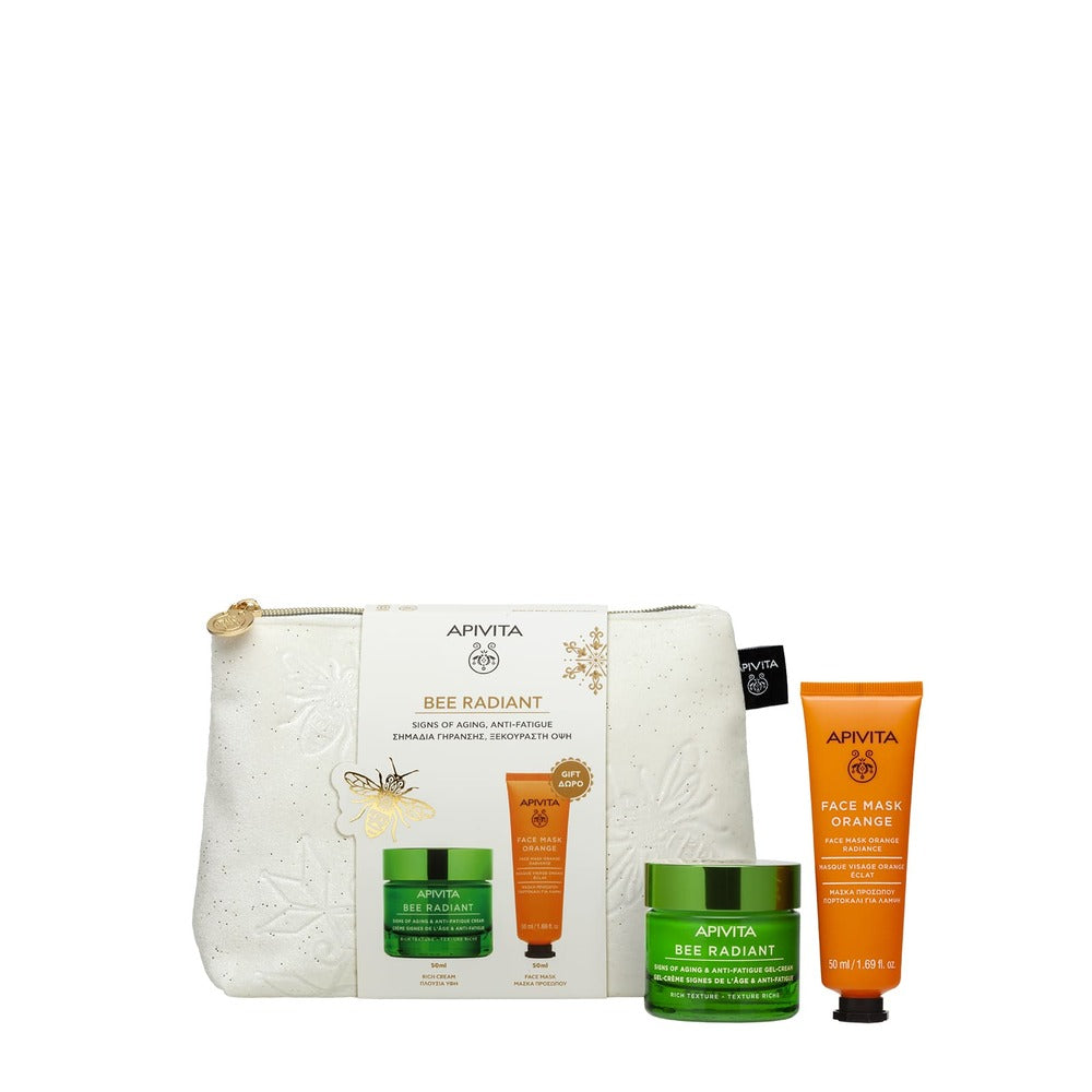 APIVITA Set cadou Bee Radiant cu Cremă-gel anti-age și anti-oboseală cu textură bogată 50ml + Apivita Mască iluminatoare pentru față cu portocală 50ml