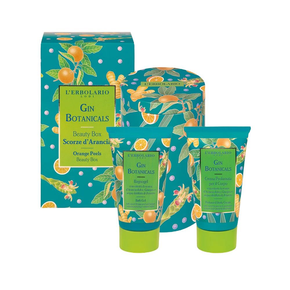 L'ERBOLARIO Gin Botanicals Scorțe de portocală – Set cu gel de baie și cremă de corp, 2 x 75 ml
