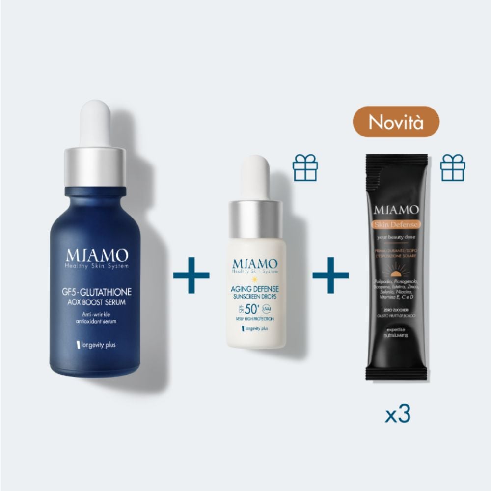 MIAMO protocol AntiOx Boost & Protect GF5-Glutathione Aox Booster Serum 30ml + Aging Defense Sunscreen Drops SPF 50+ 10ml + Skin Defense supliment 3 plicuri