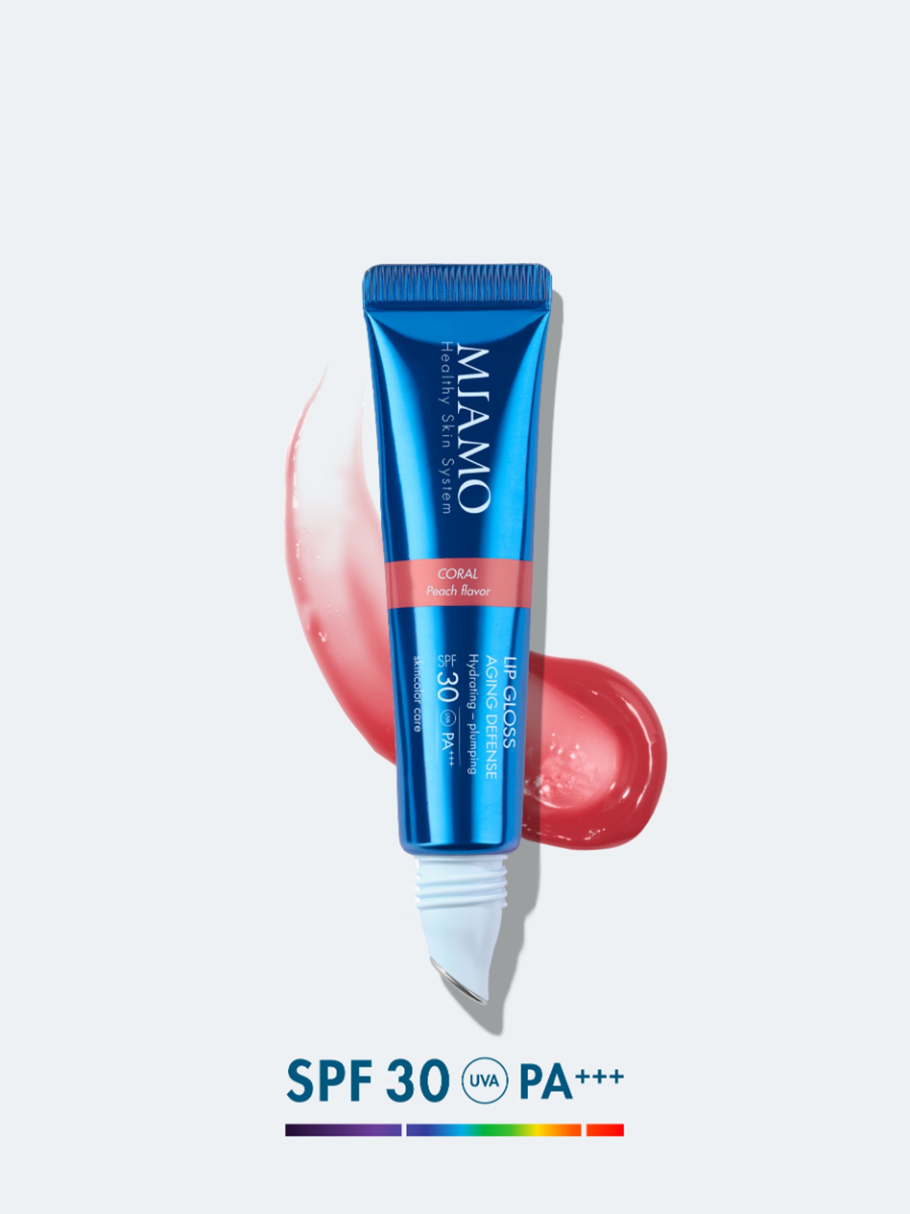 MIAMO Lip Gloss Aging Defense SPF 30 gloss de buze protector, hidratant și cu efect de volum, nuanța Coral, 15 ml