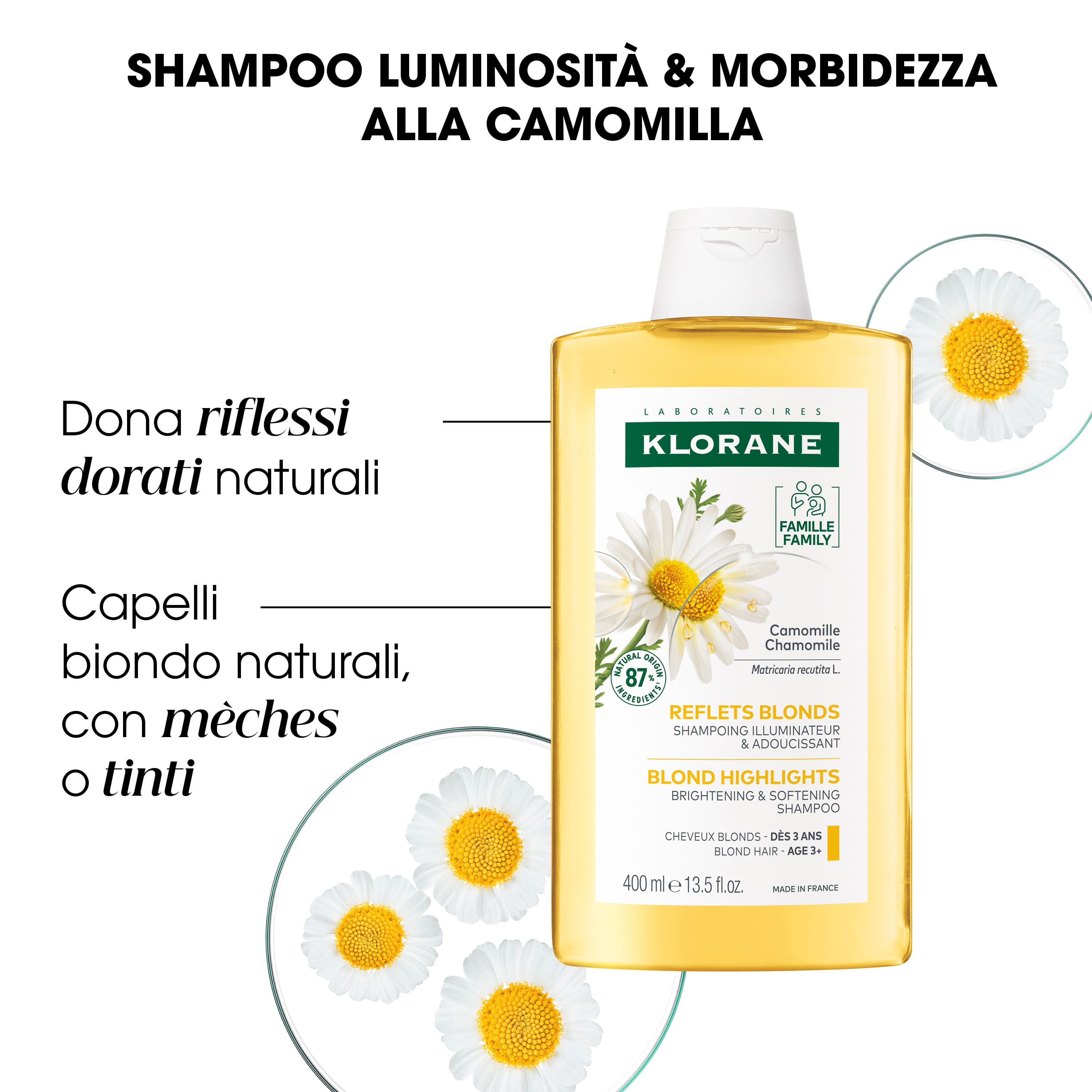 KLORANE Șampon cu mușețel pentru păr blond, 400 ml