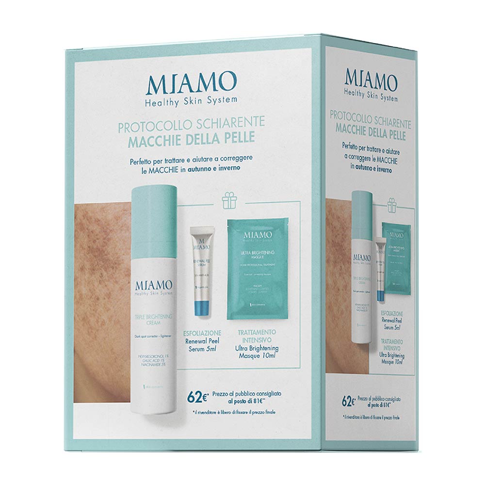 MIAMO protocol pentru uniformizarea nuanței Macchie Triple Brightening Cream 50ml + Renewal Peel Serum 5ml + Ultra Brightening Masque 10ml
