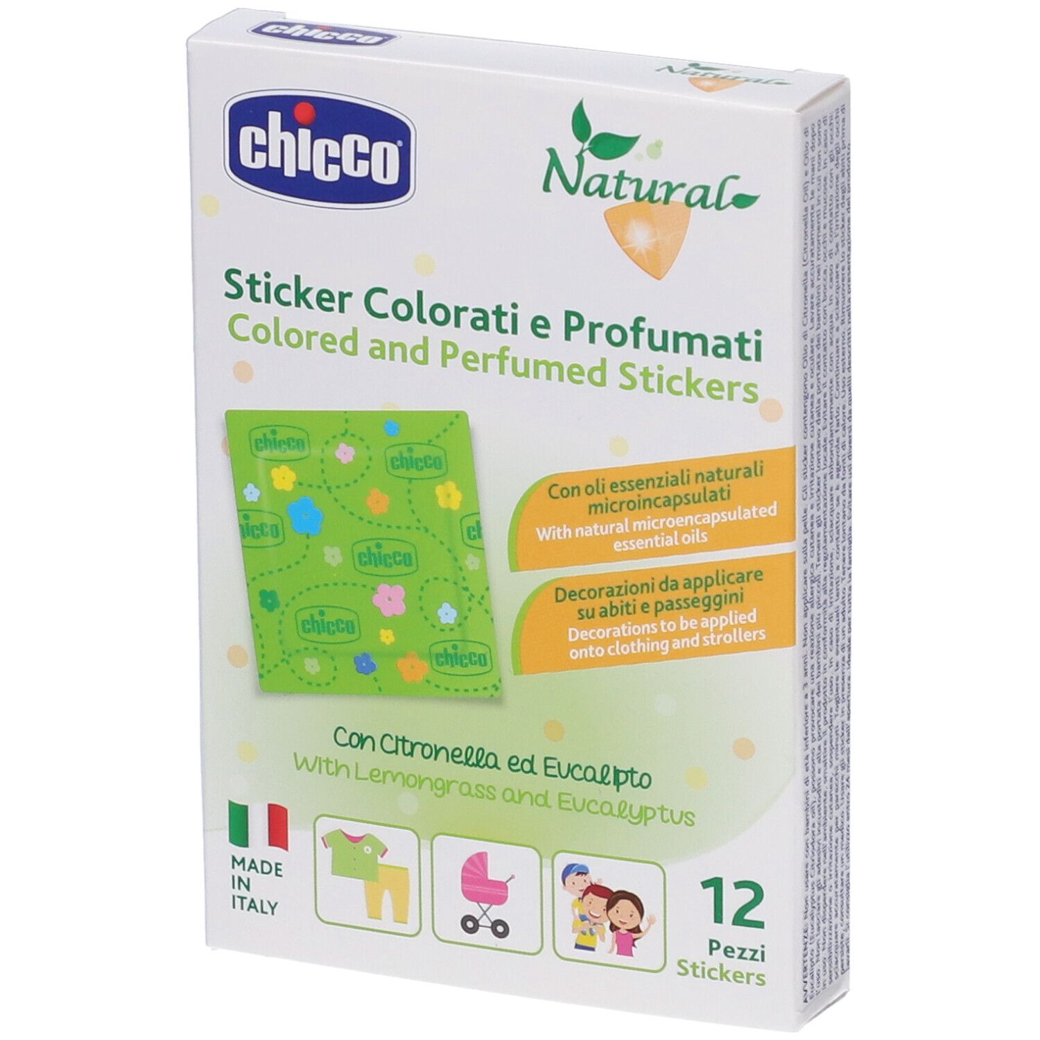 CHICCO NATURAL – Plasturi colorați și parfumați cu Citronella 36 Luni+, 12 bucăți