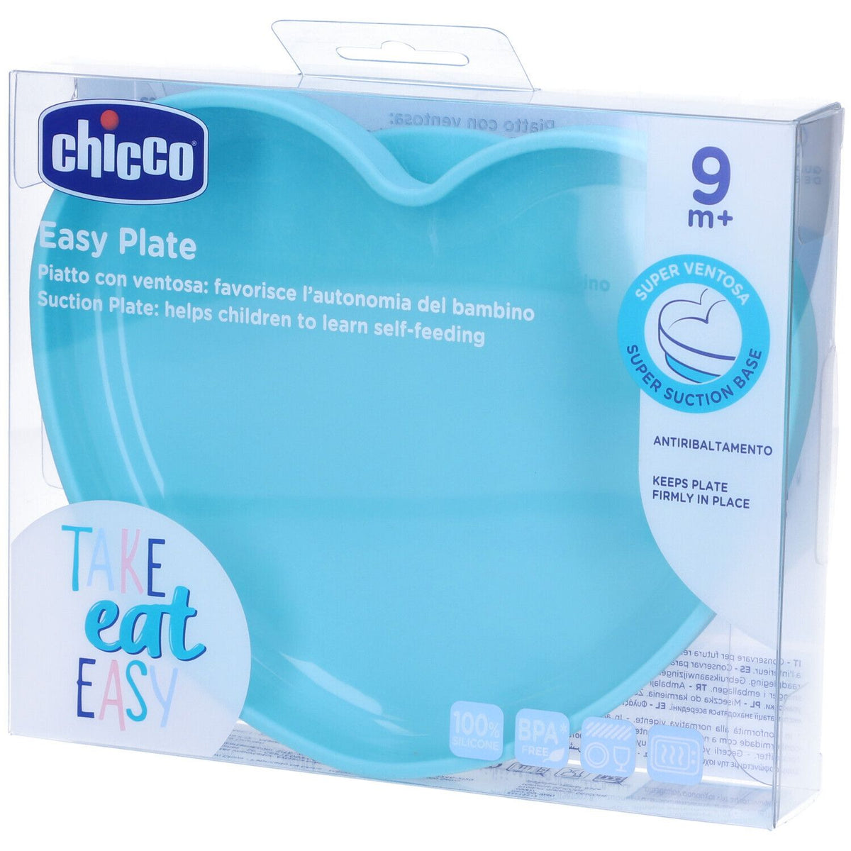 CHICCO – Farfurie din silicon în formă de inimă, cu ventuză, culoare albastră