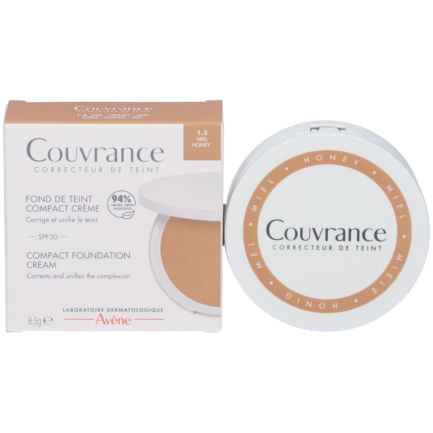 AVÈNE Couvrance fond de ten compact, nuanța 1.3 Miere, 8,5 g