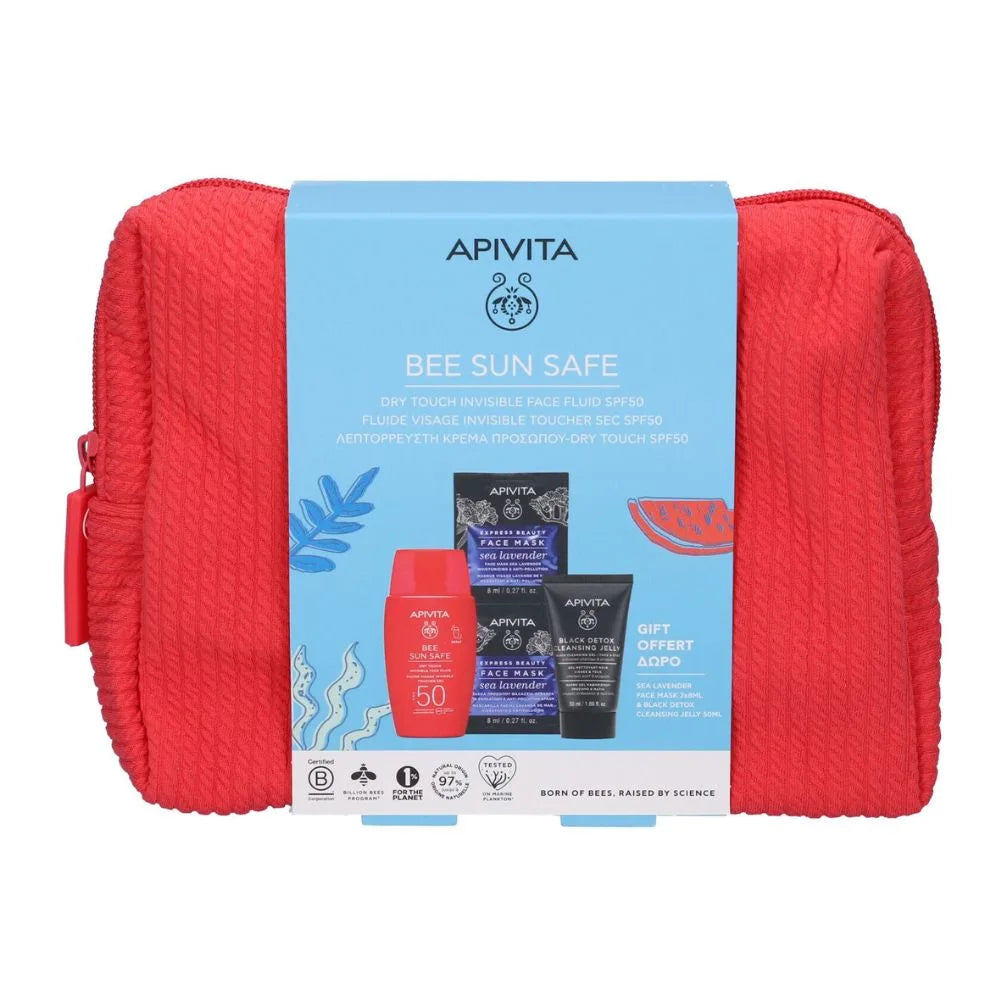 APIVITA Bee Sun Safe - Dry Touch Invisible Face Fluid SPF50 + Black Detox Cleansing Jelly + Express Beauty Maschera Viso