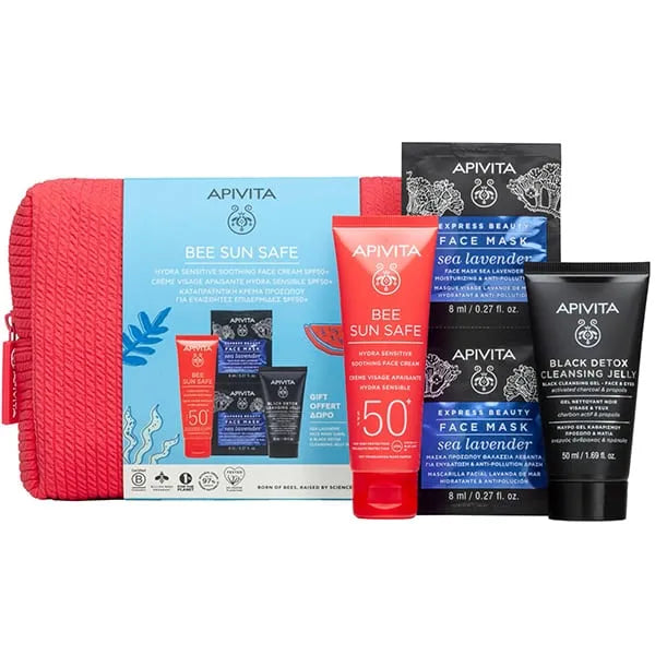 APIVITA BEE SUN SAFE - Pochette Hydra Sensitive SPF50+ 50ml + Black Detox Cleansing Jelly 50ml + Maschera Sea Lavender 2x8ml