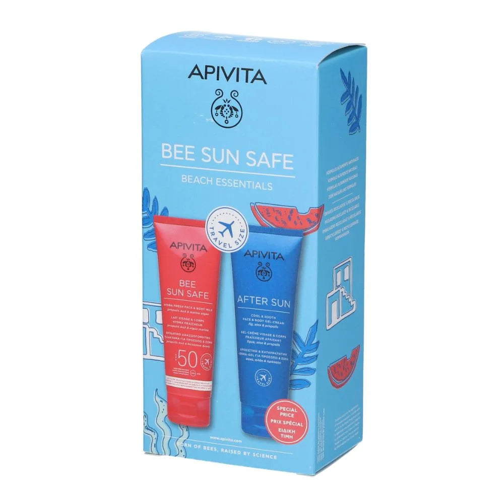 APIVITA BEE SUN SAFE Beach Essential Kit Hydra Fresh Lapte Fața și Corp SPF50 100ml + Cremă Gel After Sun 100ml.
