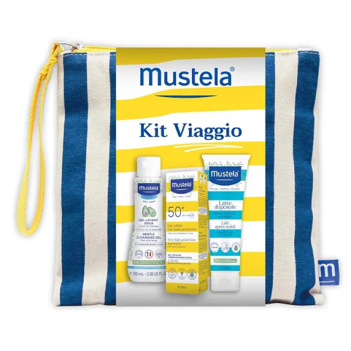 Mustela Set de Calatorie 2026, Gel de Curatare Delicat 100 ml, Lapte de Protectie Solara SPF 50+ 40 ml, Lapte dupa Plaja 100 ml, pentru copii