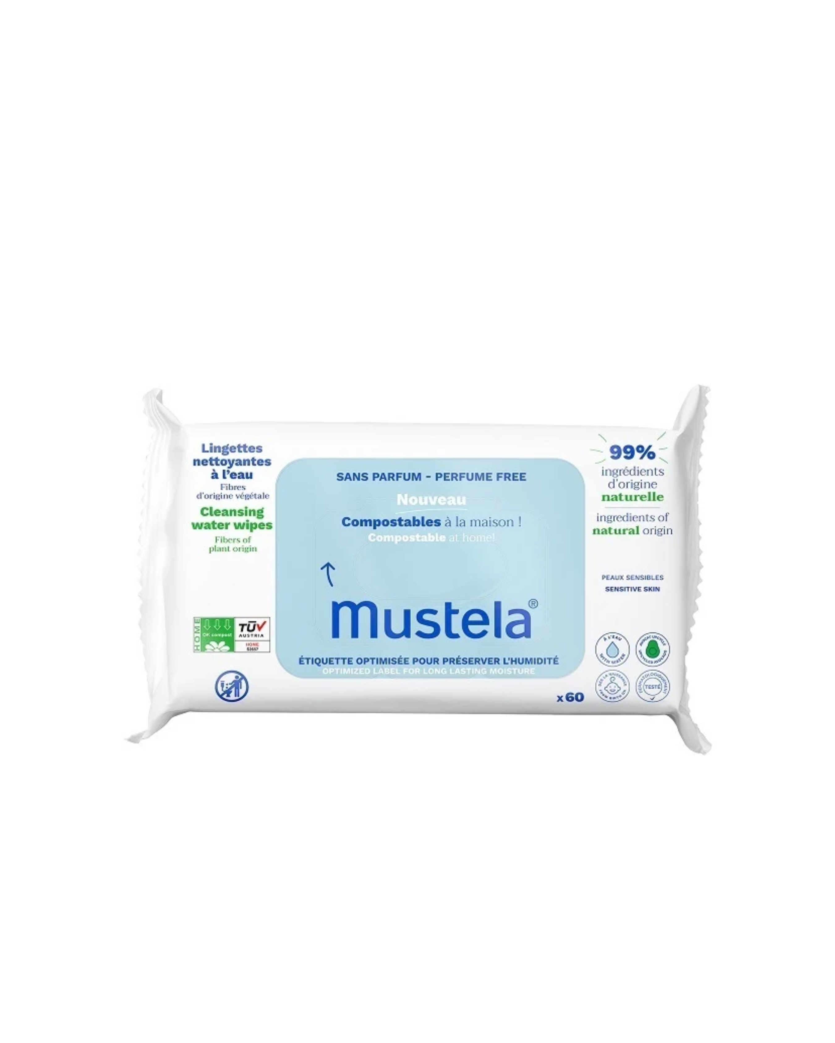 MUSTELA Șervețele Compostabile cu Apă, Fără Parfum, 60 Șervețele