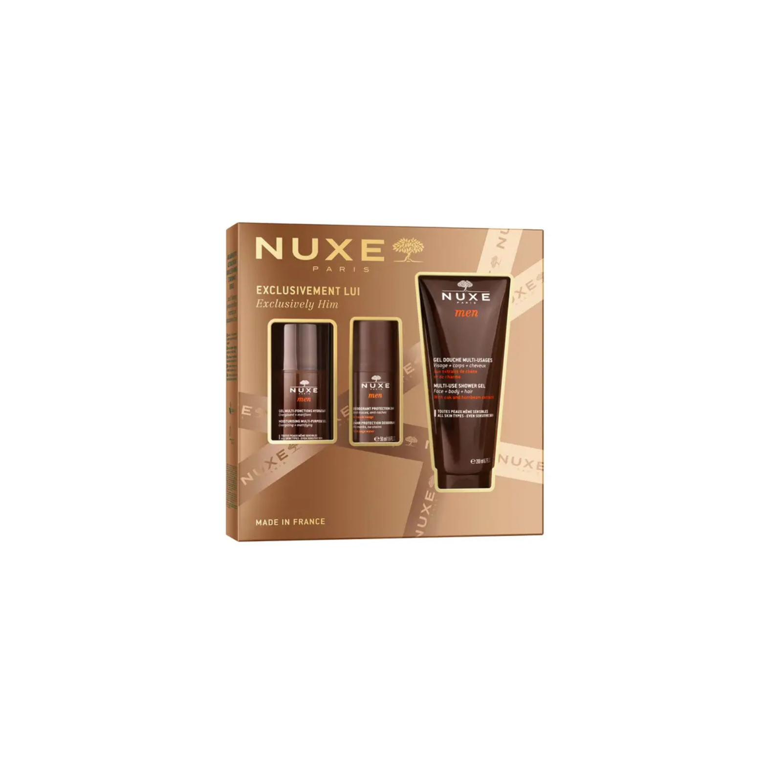 NUXE Set Cadou Bărbați – Rutina NUXE Men: Gel Hidratant Multifunțional 50 ml + Gel de Duș 200 ml + Deodorant 50 ml
