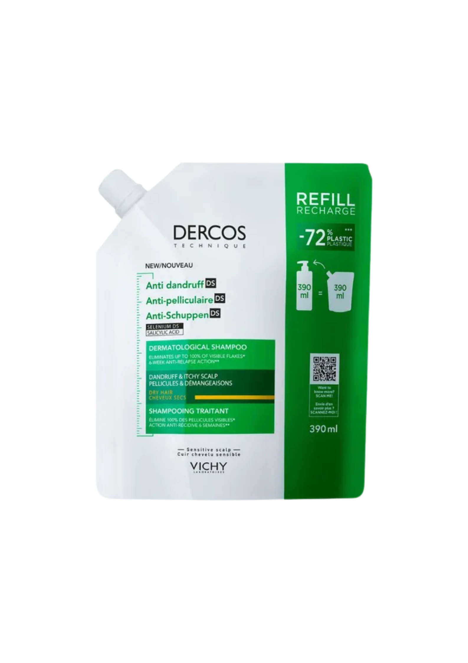 VICHY DERCOS Eco-Reîncărcare Șampon Anti-Mătreață DS pentru Păr Uscat, cu Acțiune Anti-Matreata și Reparator, 390 ml
