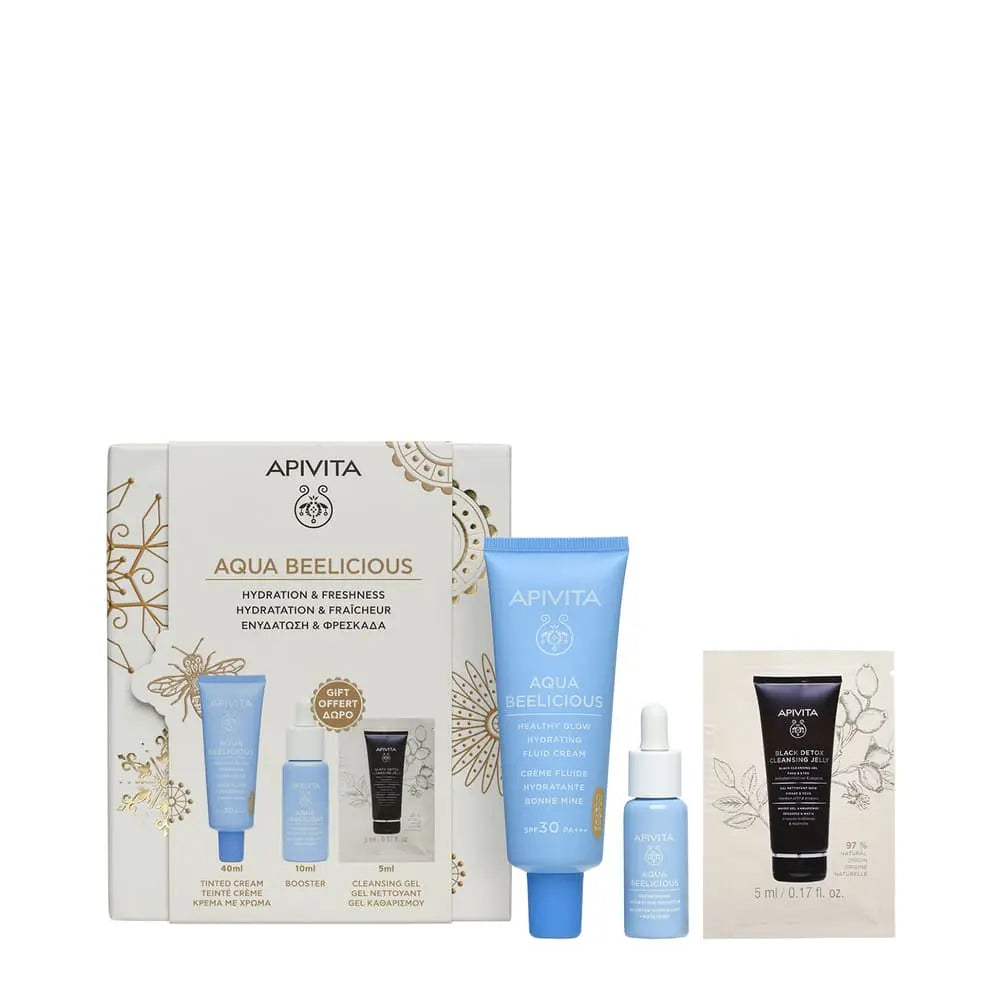 Apivita AQUA BEELICIOUS – Set cadou cu Cremă fluidă colorată hidratantă pentru față SPF30 40 ml + Mini Ser Booster hidratant 10 ml + Mini Gel demachiant Black Detox 5 ml